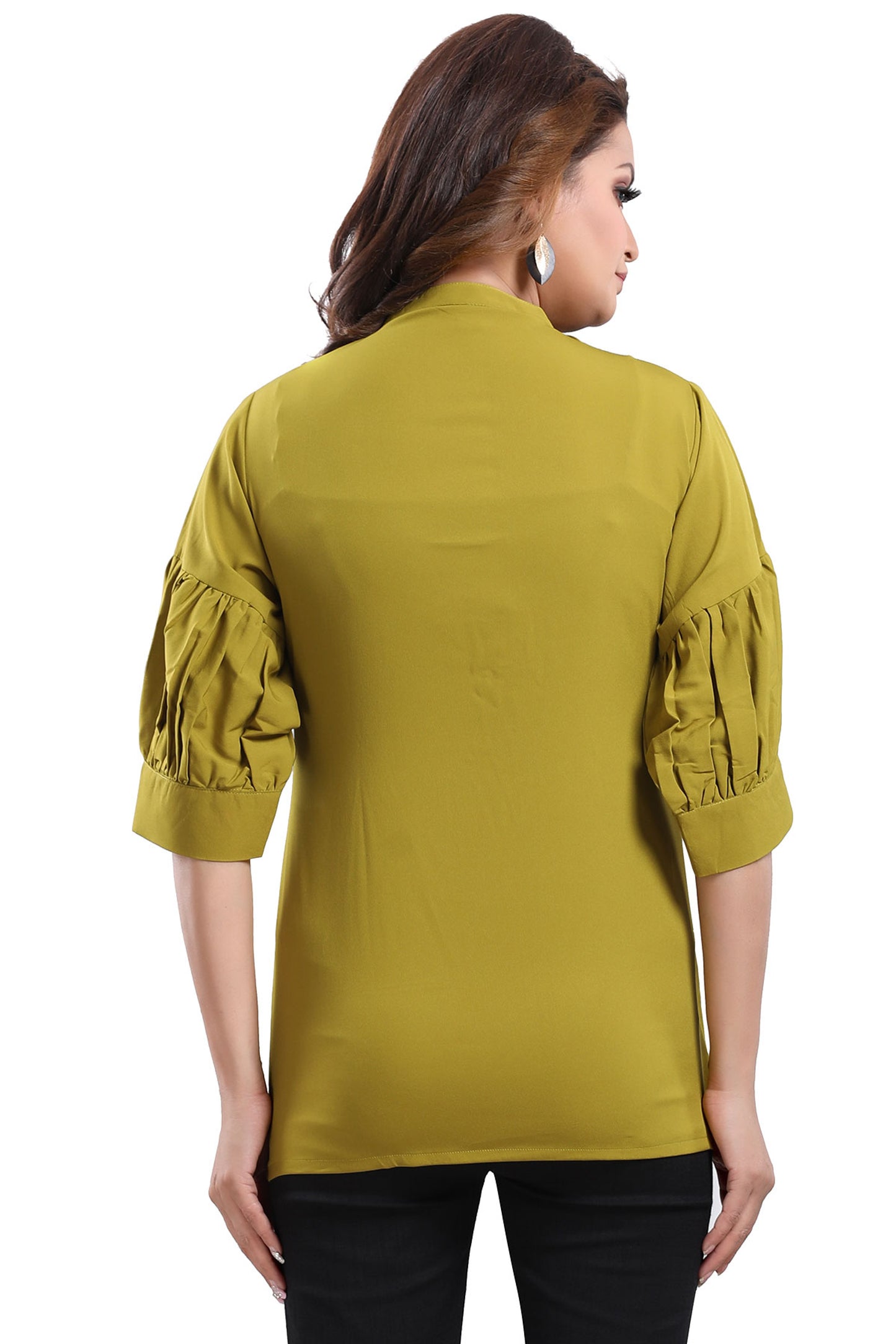 Green Poly Crepe Office Wear Short Tunic Top