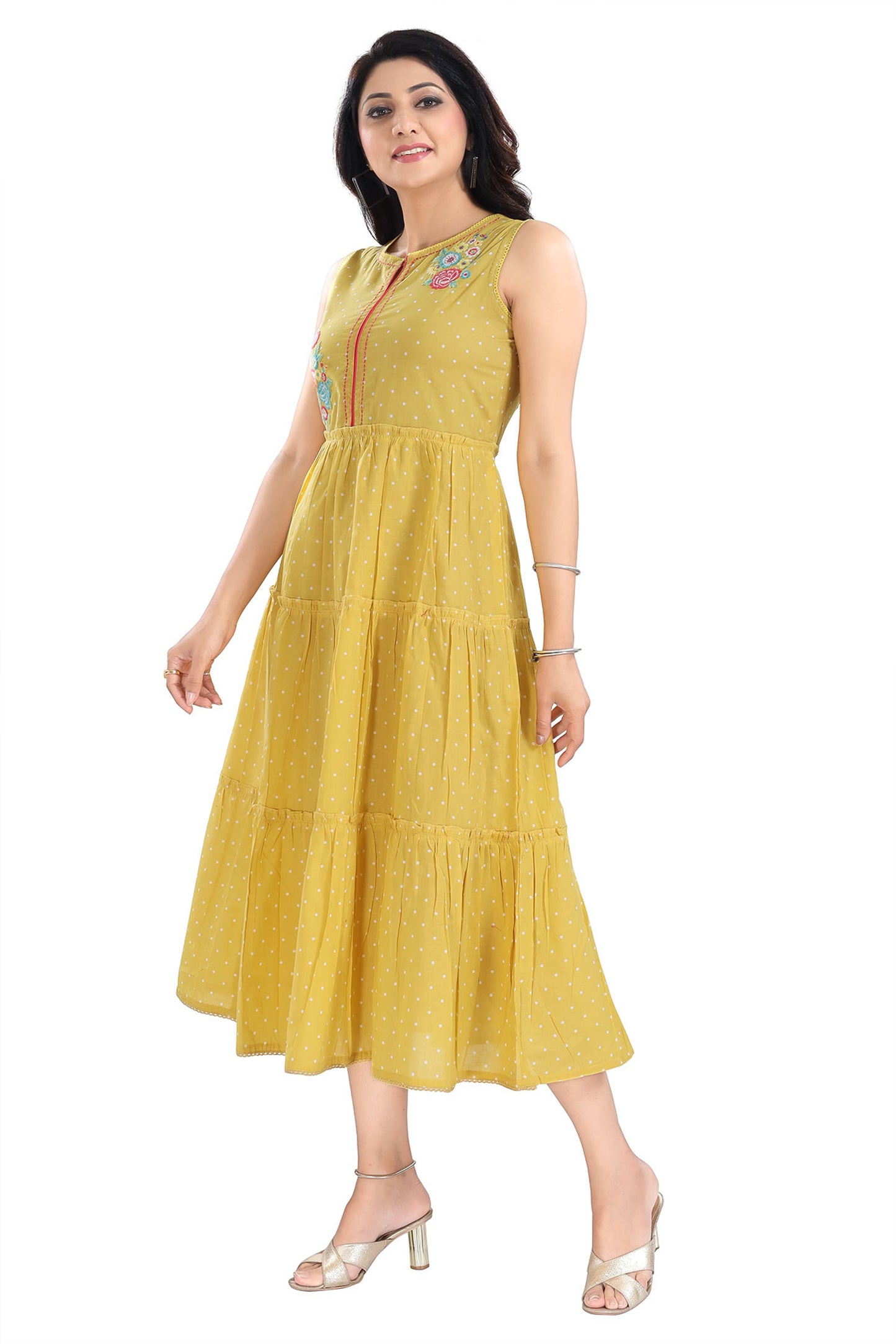 Yellow Flared Long Kurti With Embroidery Work