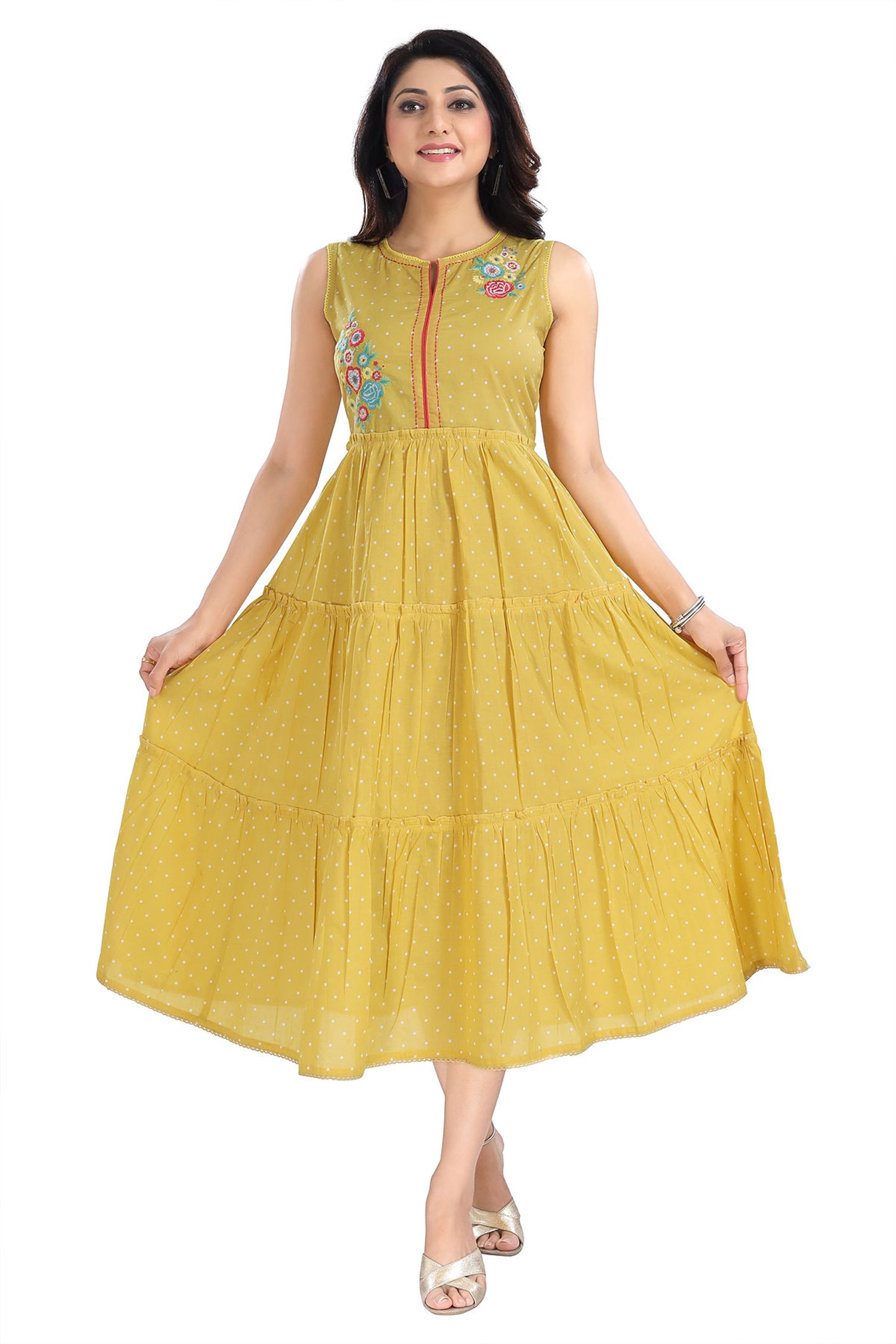 Yellow Flared Long Kurti With Embroidery Work