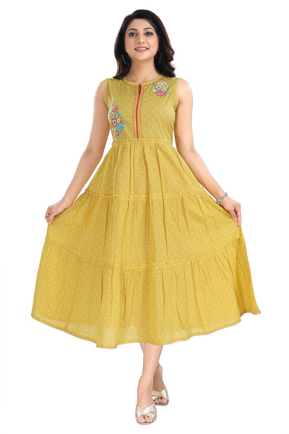 Yellow Flared Long Kurti With Embroidery Work