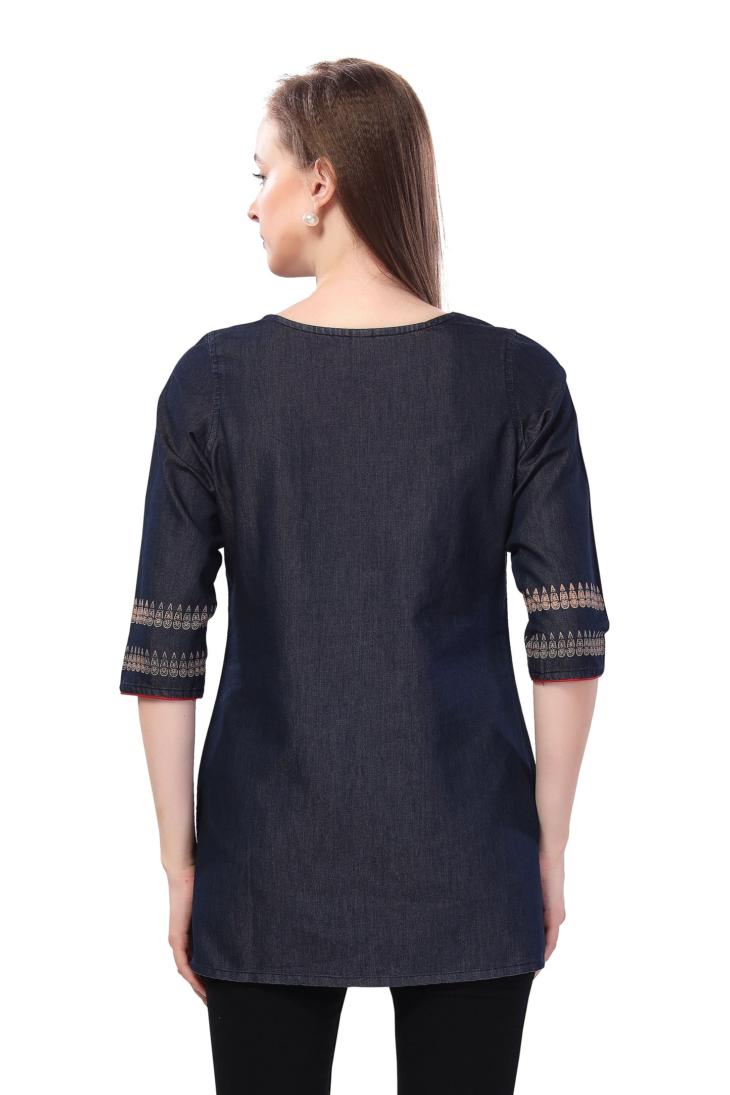 Denim Delight Short Tunic Featuring Color Wash Print and Thread Work