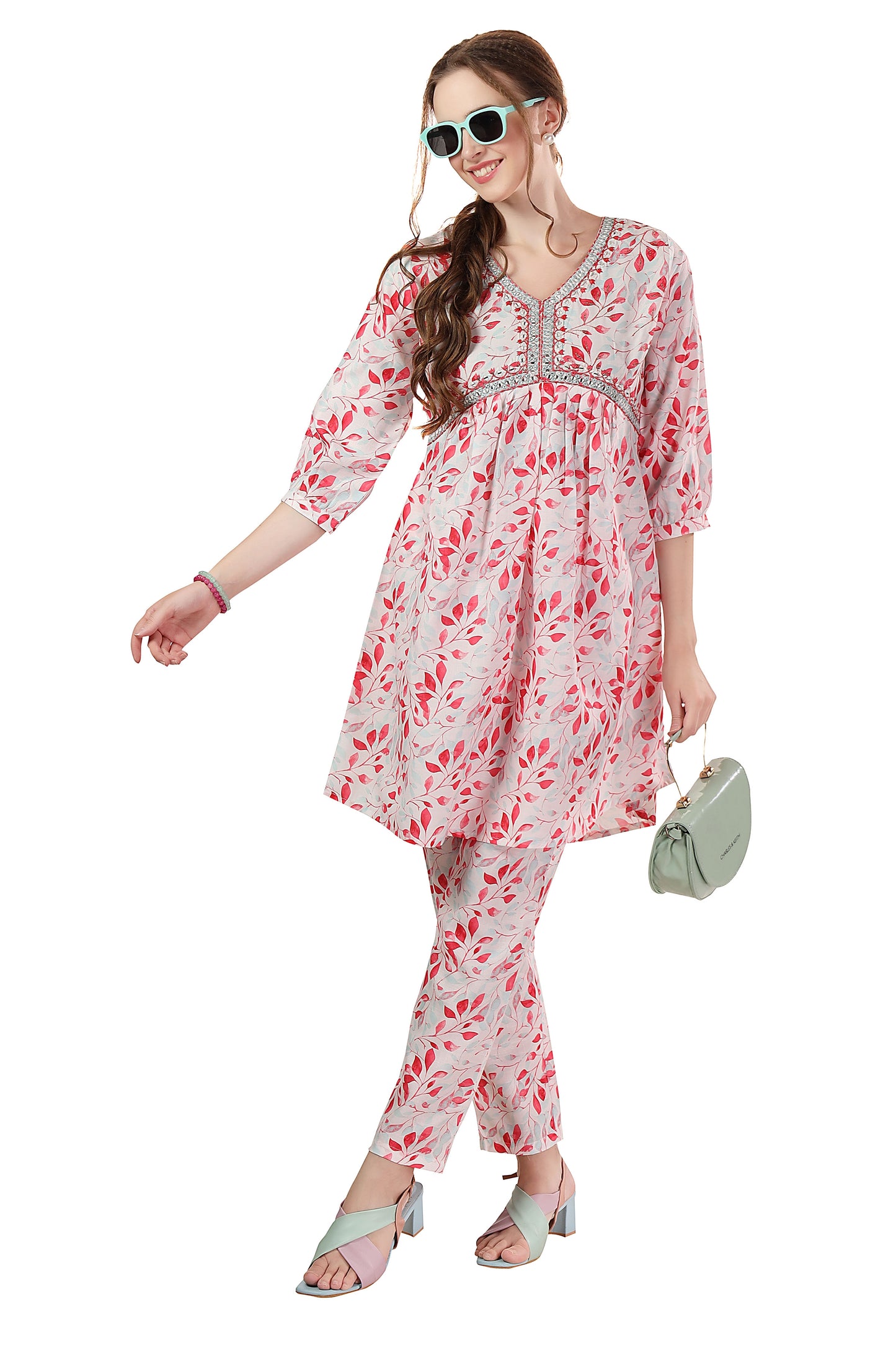 Designer White Leaf Print Cotton Co Ord Set
