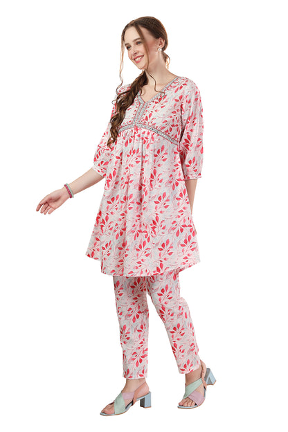 Designer White Leaf Print Cotton Co Ord Set