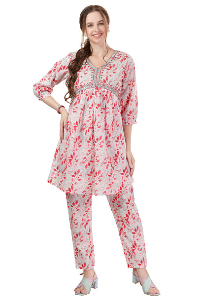 Designer White Leaf Print Cotton Co Ord Set