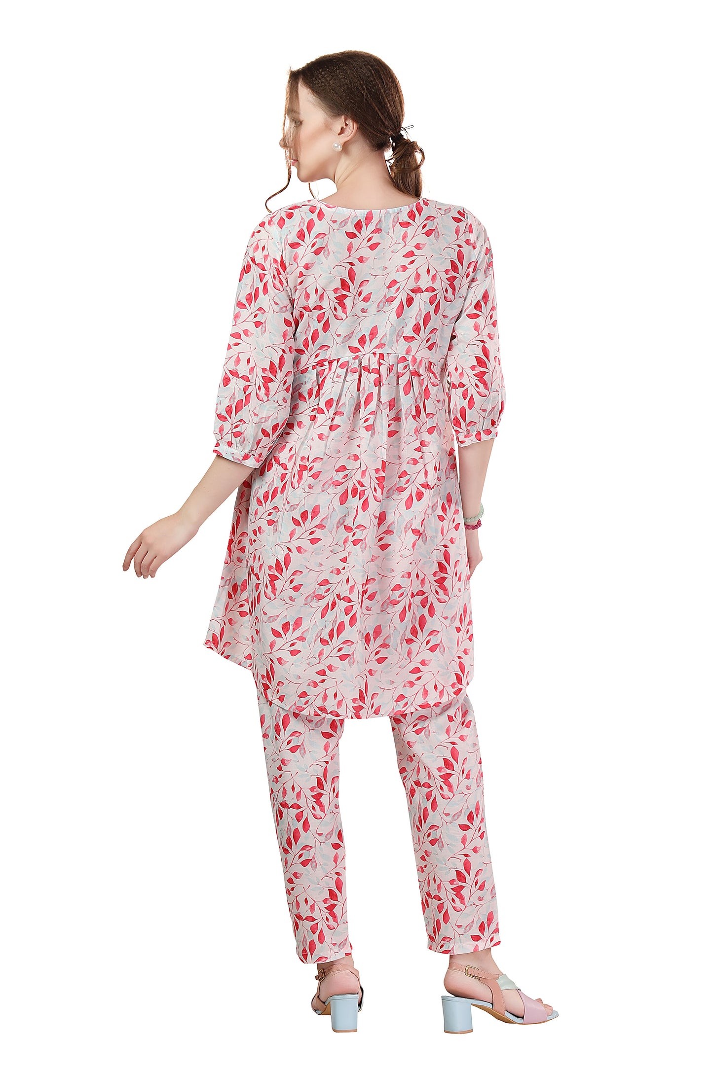Designer White Leaf Print Cotton Co Ord Set
