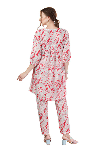 Designer White Leaf Print Cotton Co Ord Set