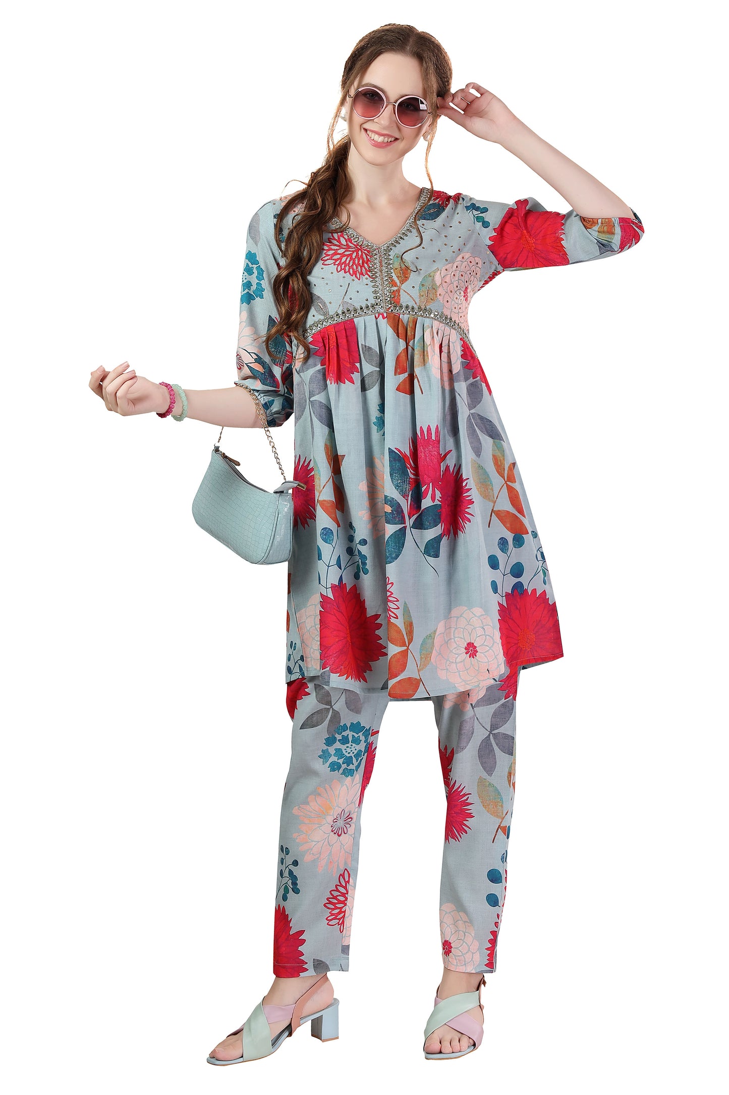 Ethnic Multicolor Flower Print Cotton Aliya Cut Co Ord Set
