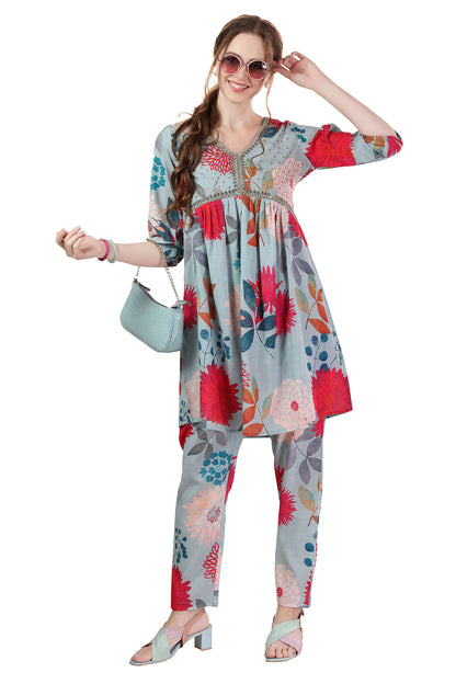 Ethnic Multicolor Flower Print Cotton Aliya Cut Co Ord Set