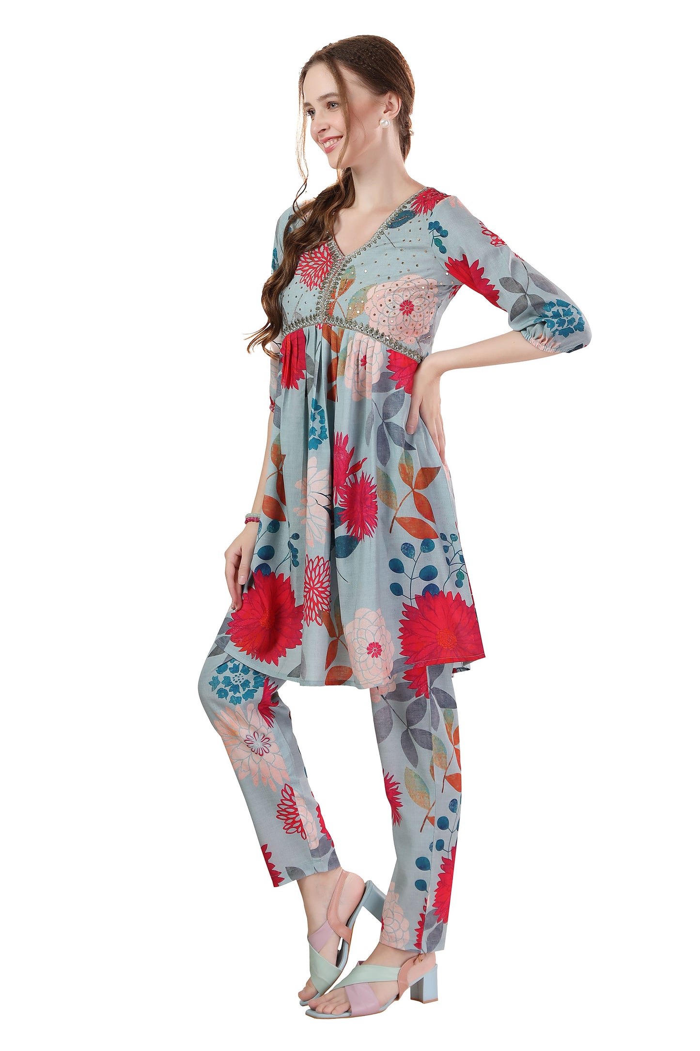 Ethnic Multicolor Flower Print Cotton Aliya Cut Co Ord Set