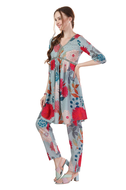 Ethnic Multicolor Flower Print Cotton Aliya Cut Co Ord Set
