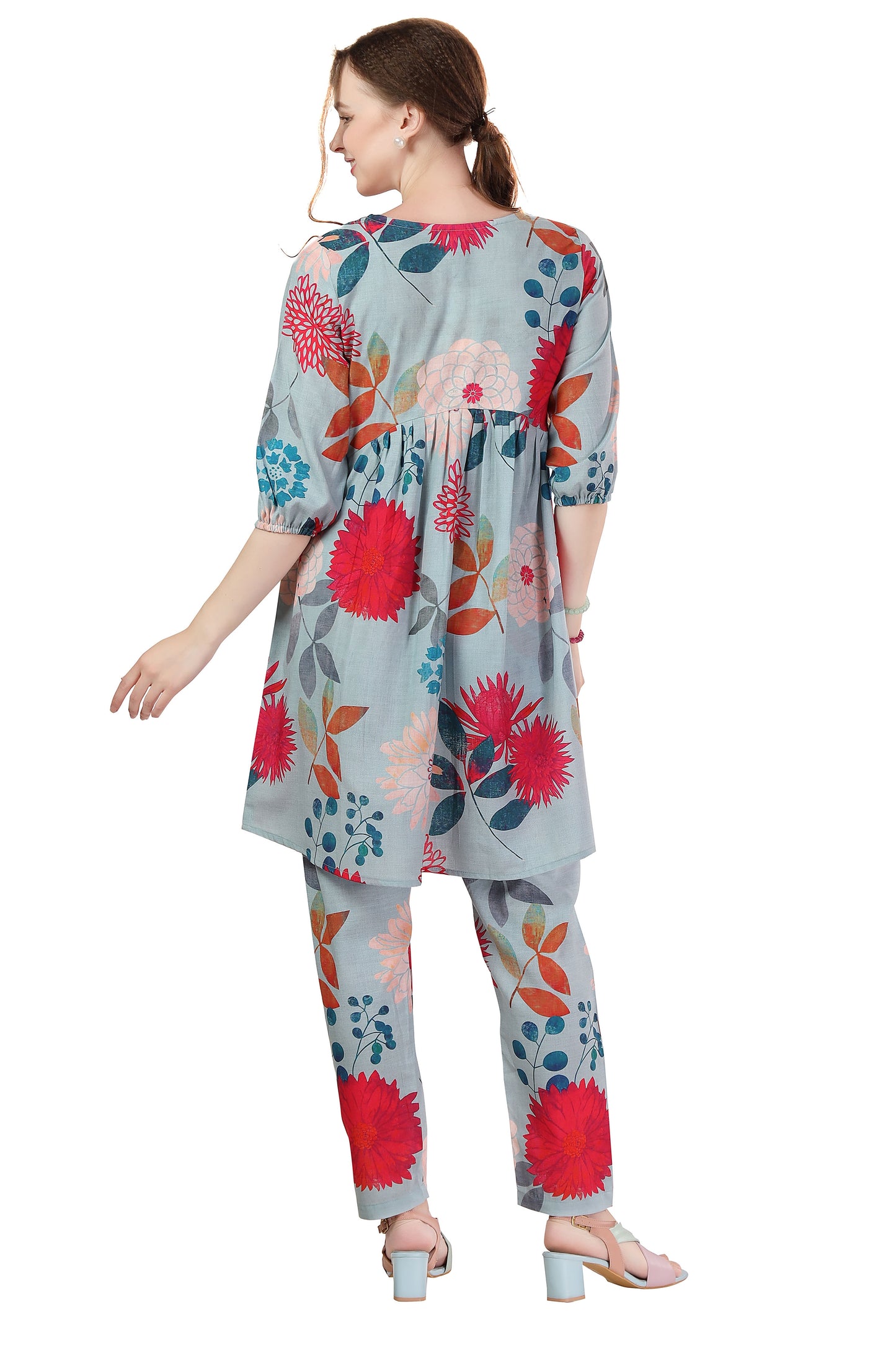 Ethnic Multicolor Flower Print Cotton Aliya Cut Co Ord Set