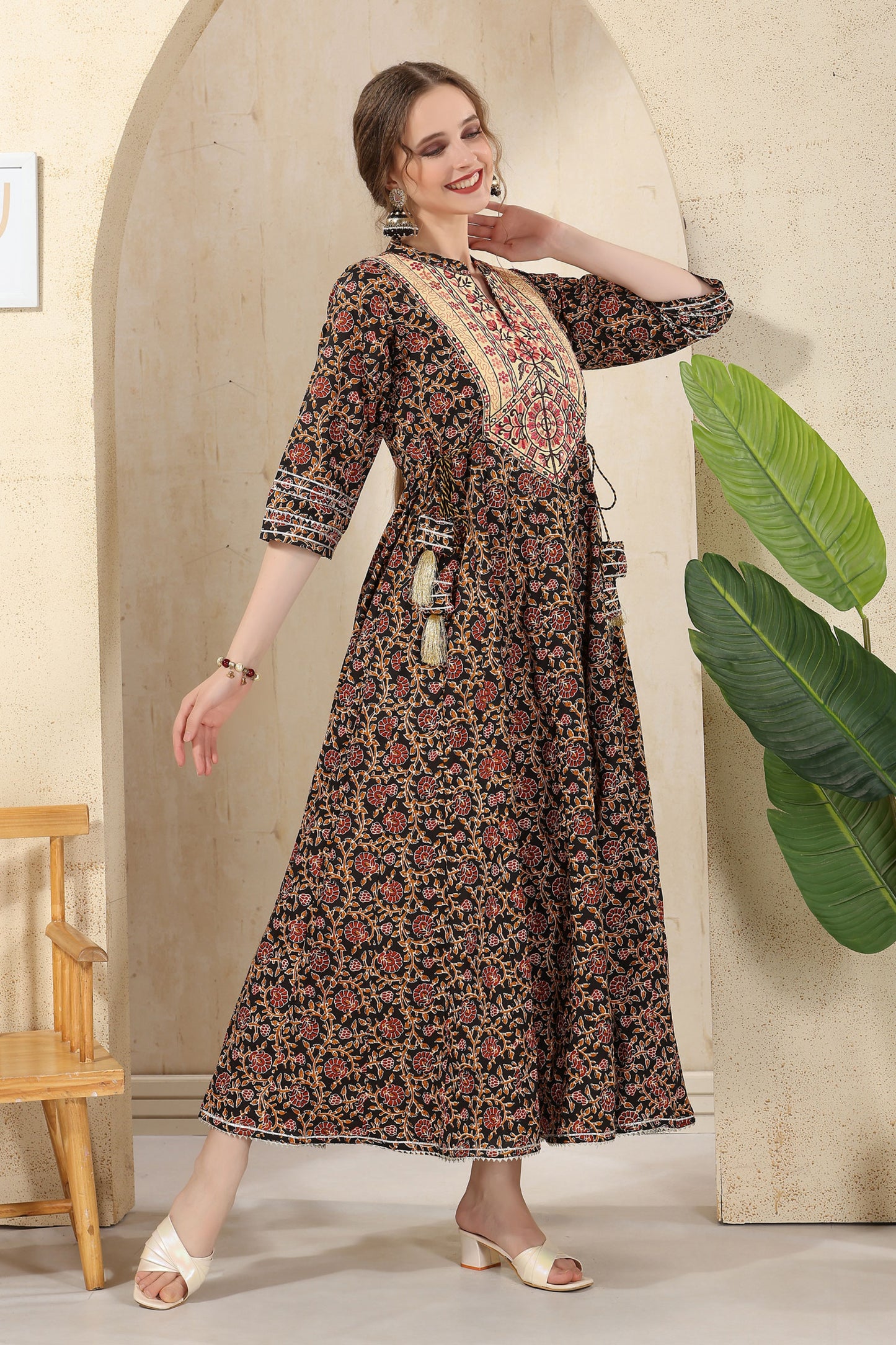 Black Cotton Paisely Print Anarkali With Embroidery Yoke and Tussles