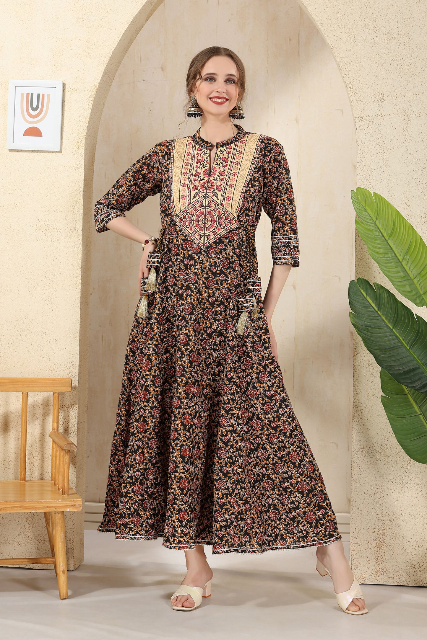 Black Cotton Paisely Print Anarkali With Embroidery Yoke and Tussles