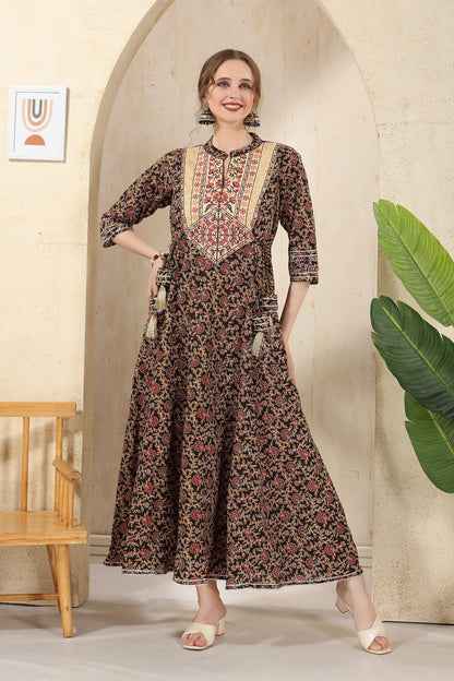 Black Cotton Paisely Print Anarkali With Embroidery Yoke and Tussles