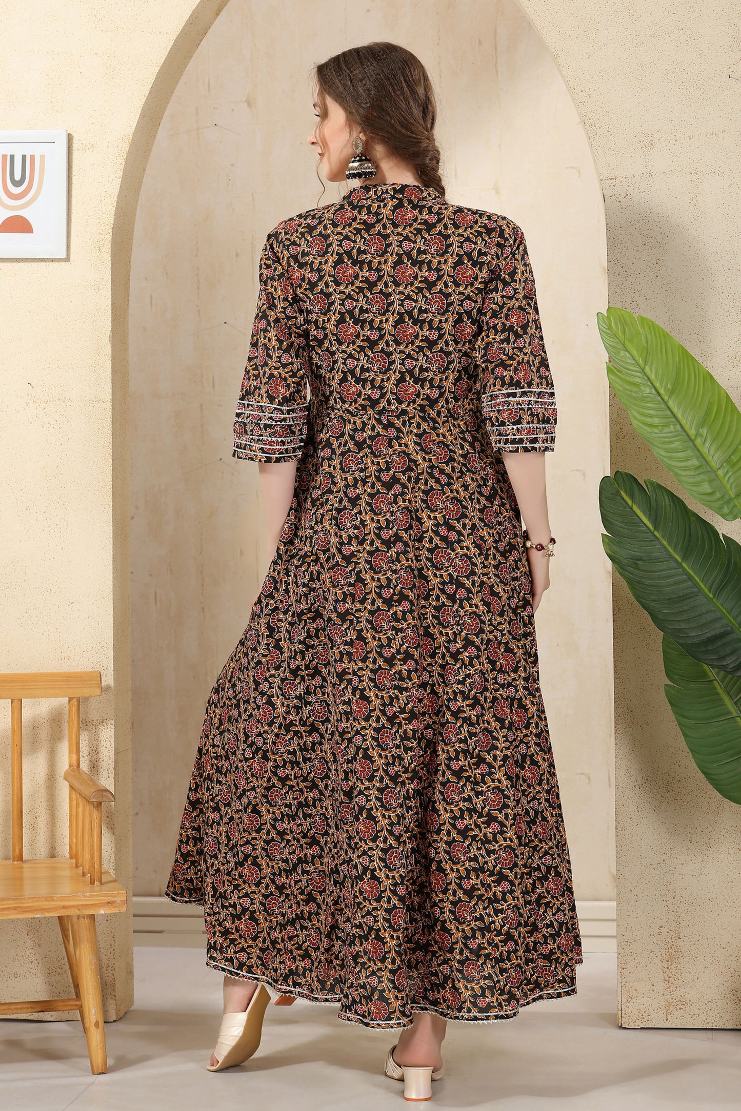 Black Cotton Paisely Print Anarkali With Embroidery Yoke and Tussles