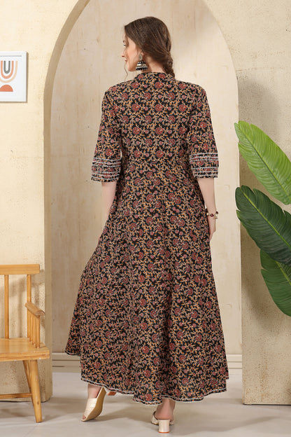 Black Cotton Paisely Print Anarkali With Embroidery Yoke and Tussles