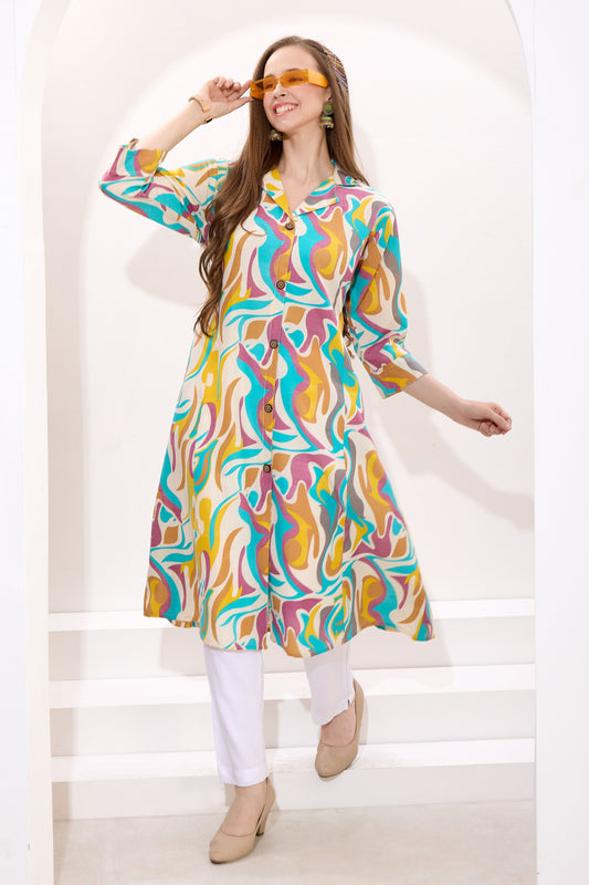 Multicolor Linen Cotton Princess Cut Long Kurta For Women