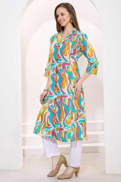 Multicolor Linen Cotton Princess Cut Long Kurta For Women