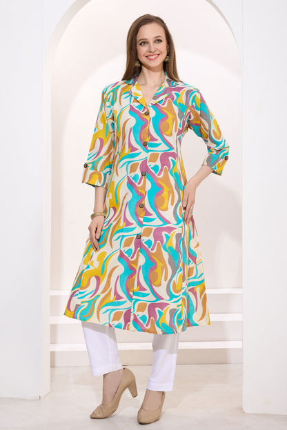 Multicolor Linen Cotton Princess Cut Long Kurta For Women