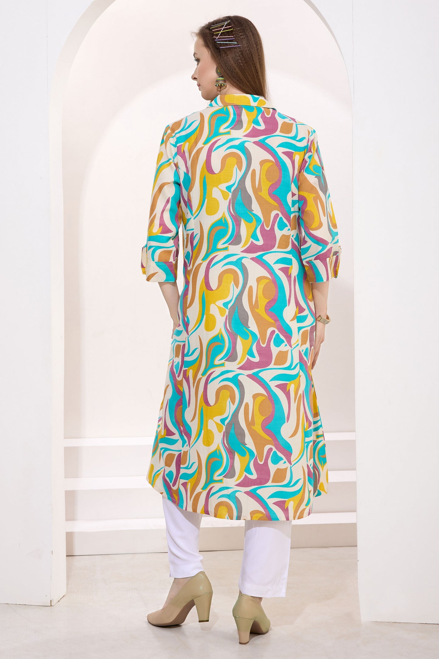 Multicolor Linen Cotton Princess Cut Long Kurta For Women