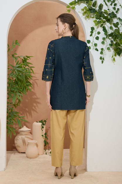 Fashion Forward Denim Tunic Hand Embroidery and Color Wash