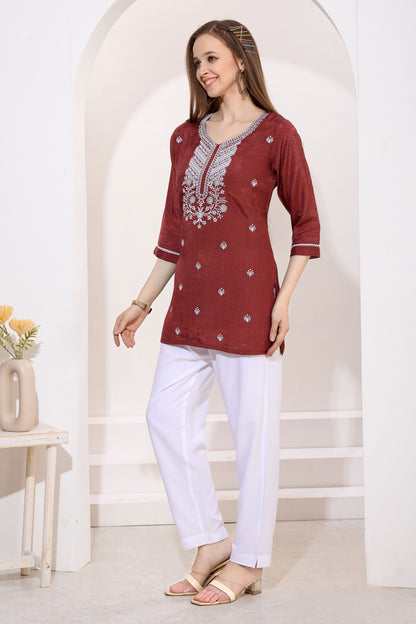 Brown PolySilk Kurti with Handcrafted Chikankari Embroidery