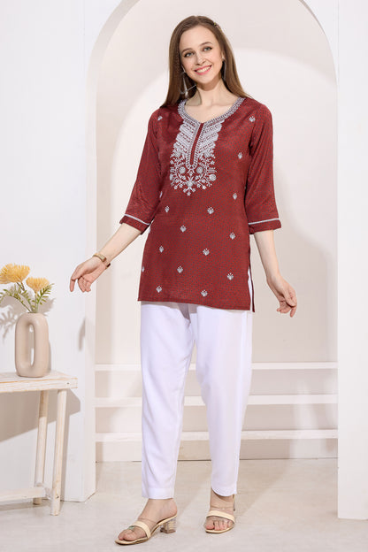 Brown PolySilk Kurti with Handcrafted Chikankari Embroidery