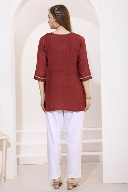 Brown PolySilk Kurti with Handcrafted Chikankari Embroidery