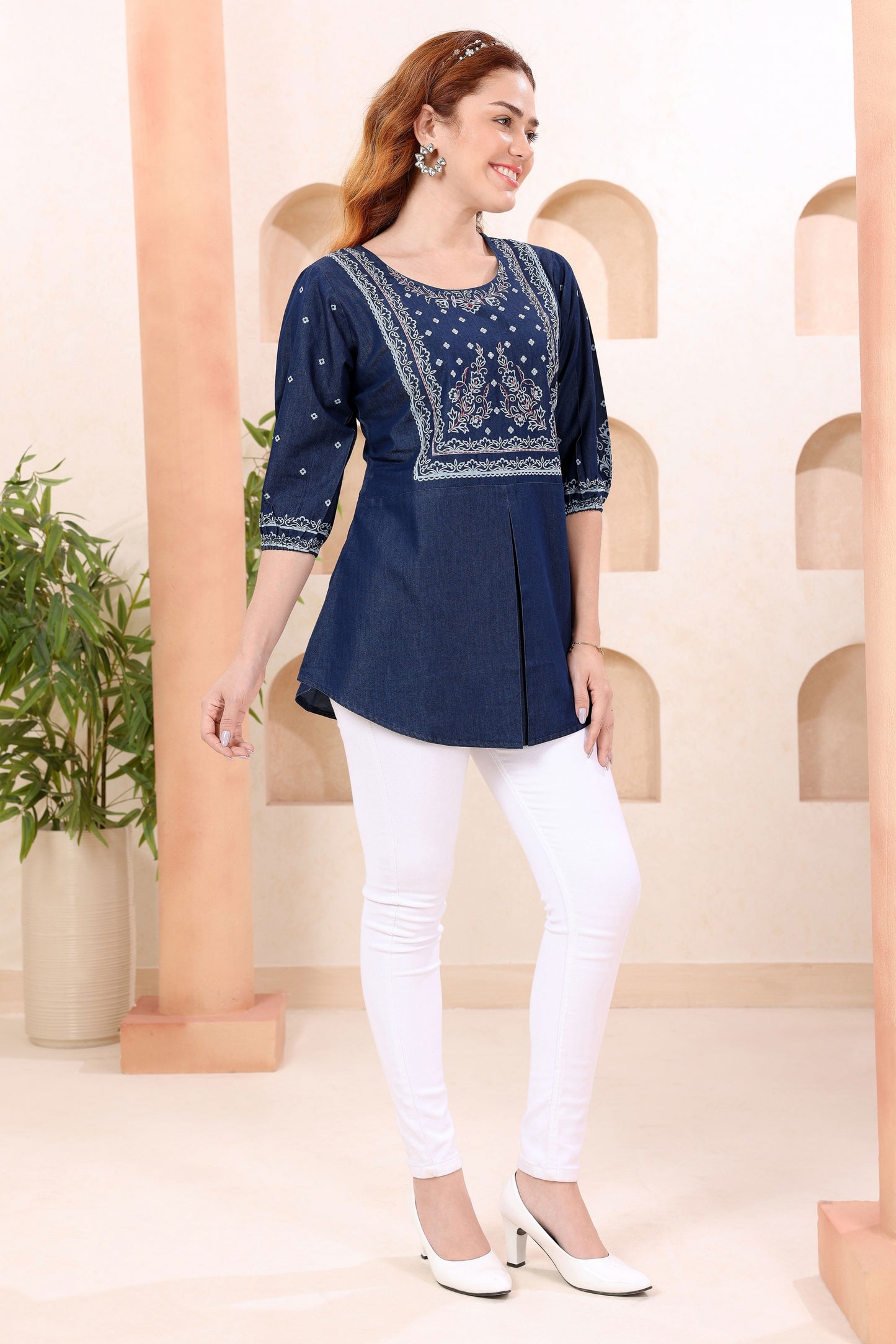 Trendy Round Neck Denim Tunic With Hand Embroidery