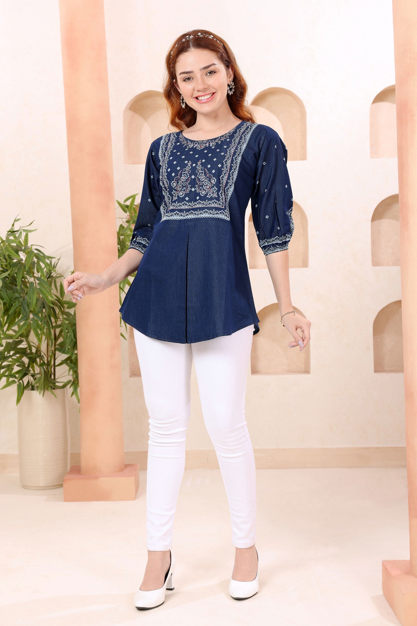 Trendy Round Neck Denim Tunic With Hand Embroidery