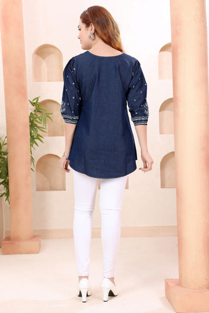 Trendy Round Neck Denim Tunic With Hand Embroidery