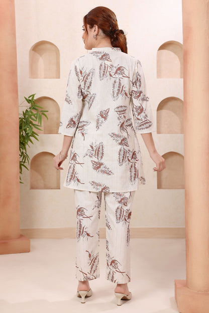 Designer Brown Leafy Print Ban Collar Cotton Co-ord Set