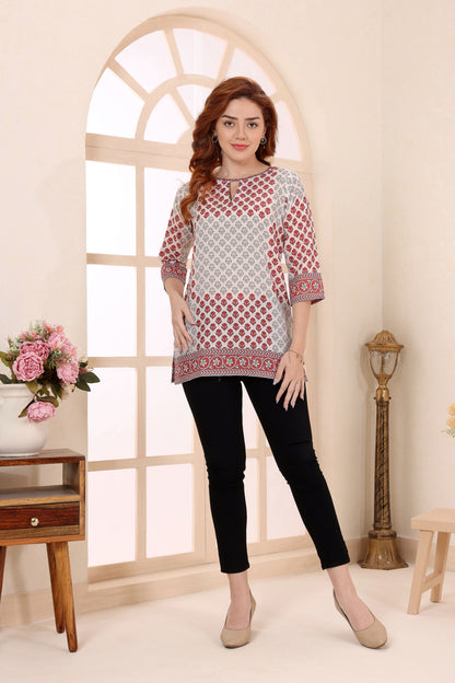 Beige Cotton Short Kurti Tunic Top with Ethnic Motifs for Women