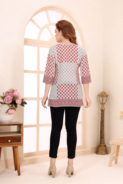 Beige Cotton Short Kurti Tunic Top with Ethnic Motifs for Women