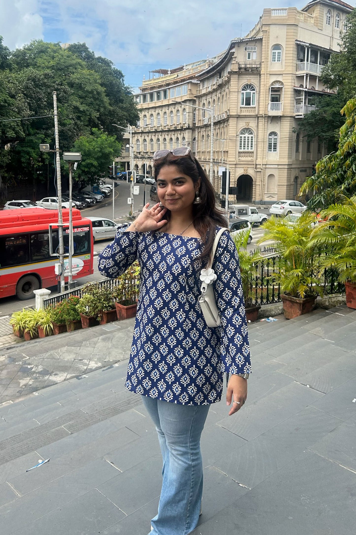 Indigo Jaipuri Print Kurti With Long Sleves