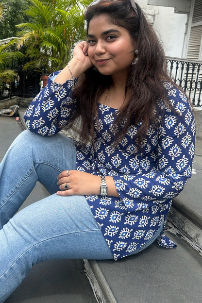 Indigo Jaipuri Print Kurti With Long Sleves