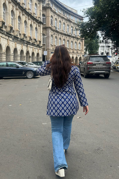 Indigo Jaipuri Print Kurti With Long Sleves