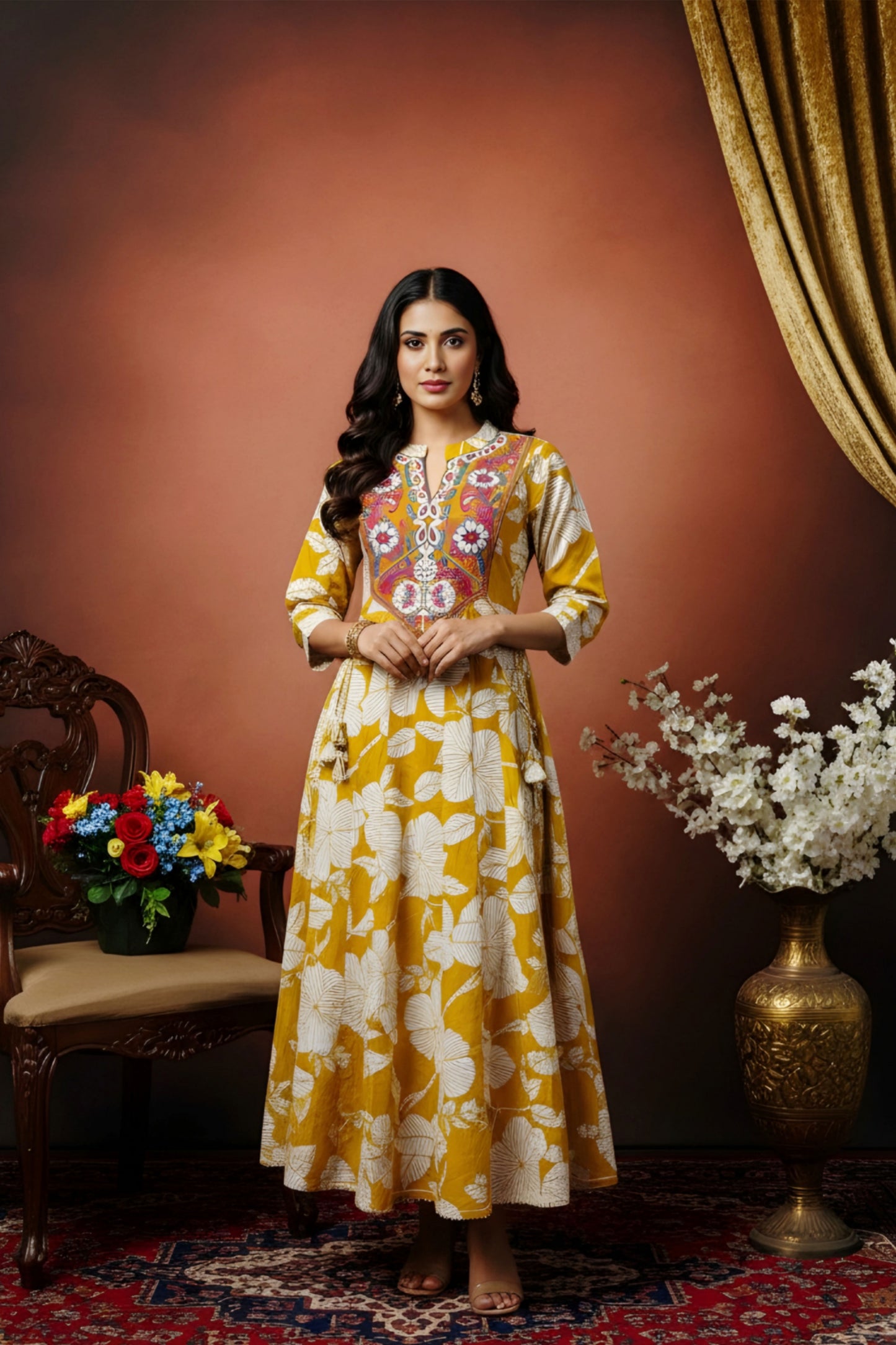 Mustard Magic Cotton Anarkali With Embroidery Yoke and Tussles