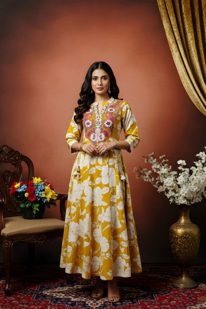 Mustard Magic Cotton Anarkali With Embroidery Yoke and Tussles