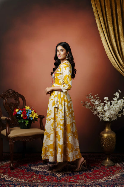Mustard Magic Cotton Anarkali With Embroidery Yoke and Tussles