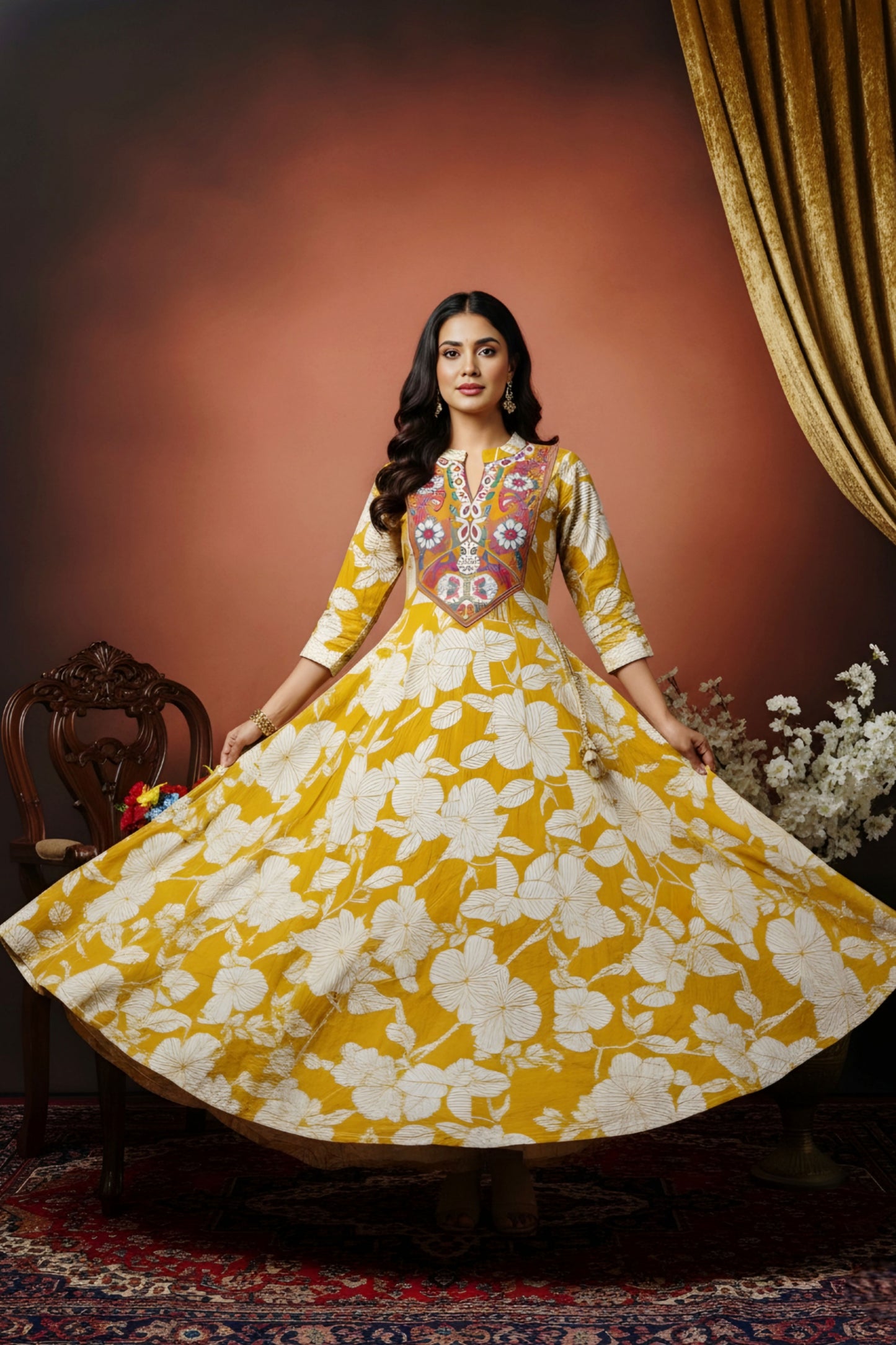 Mustard Magic Cotton Anarkali With Embroidery Yoke and Tussles