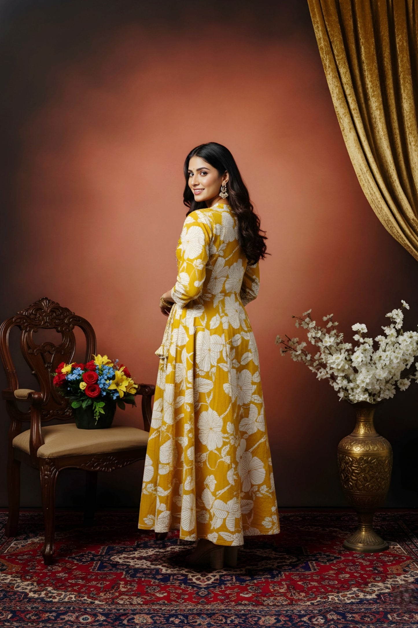 Mustard Magic Cotton Anarkali With Embroidery Yoke and Tussles