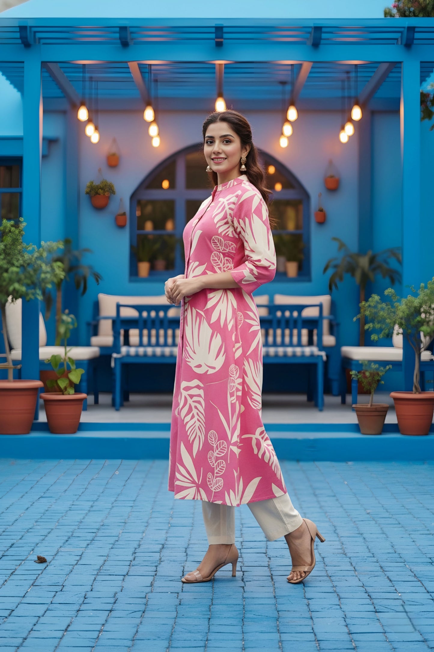 Pink Leafy Print Linen Cotton Princess Cut Long Kurta For Women