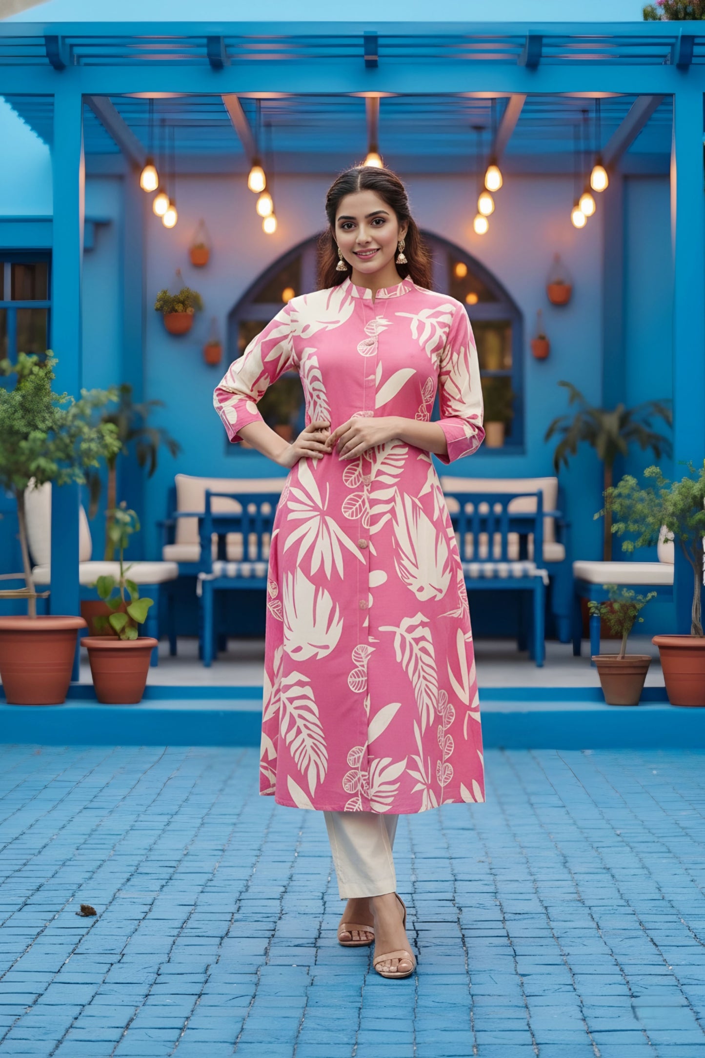 Pink Leafy Print Linen Cotton Princess Cut Long Kurta For Women