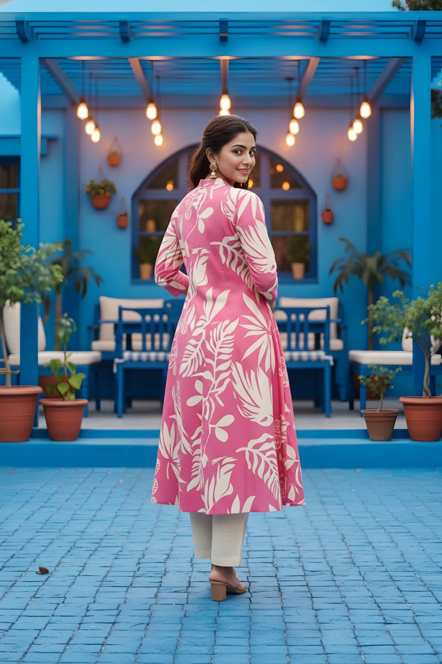 Pink Leafy Print Linen Cotton Princess Cut Long Kurta For Women
