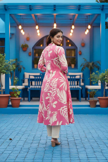 Pink Leafy Print Linen Cotton Princess Cut Long Kurta For Women