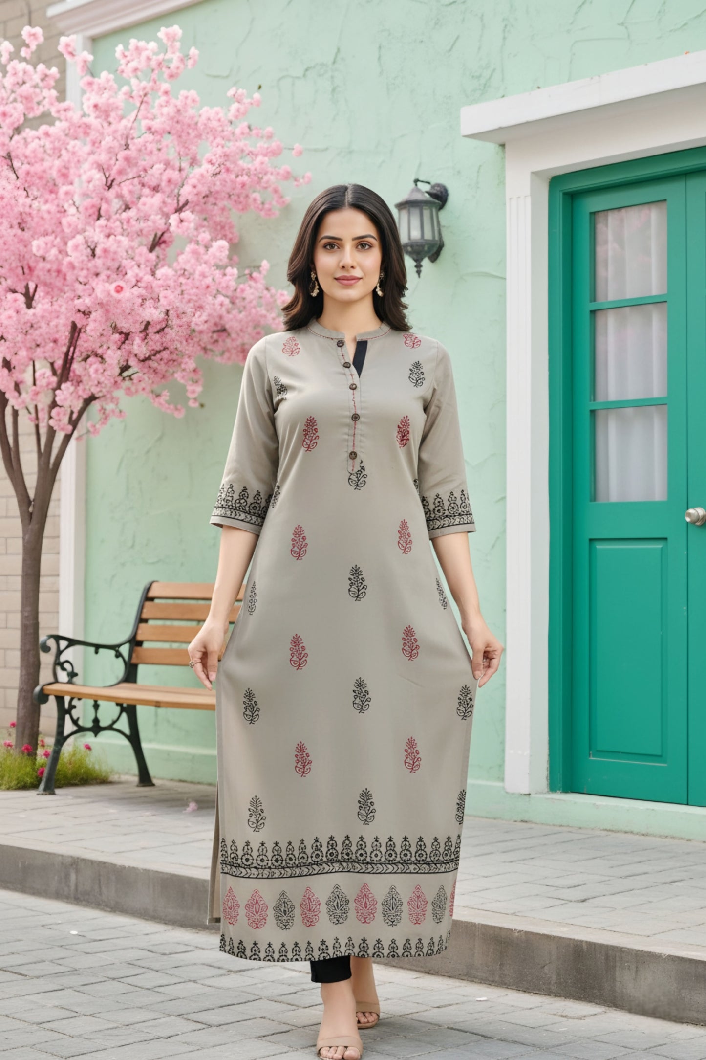 Grey Cotton Silk Block Print Long Kurta For Women