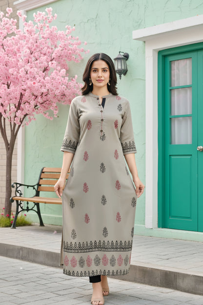 Grey Cotton Silk Block Print Long Kurta For Women