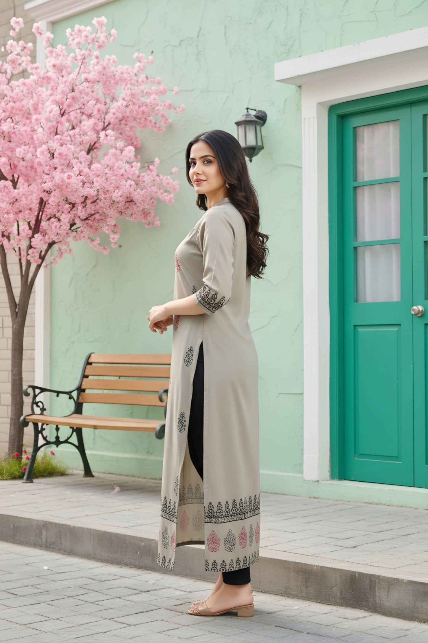 Grey Cotton Silk Block Print Long Kurta For Women