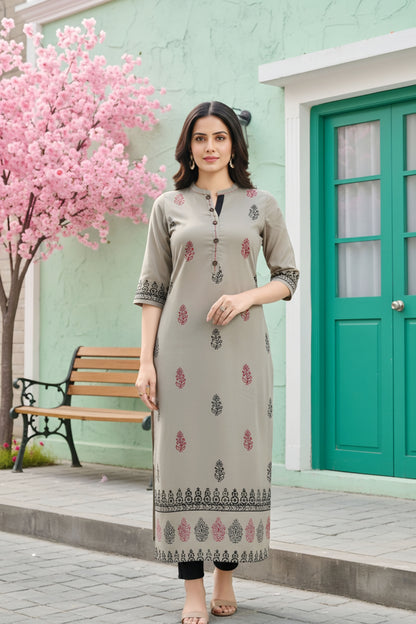 Grey Cotton Silk Block Print Long Kurta For Women
